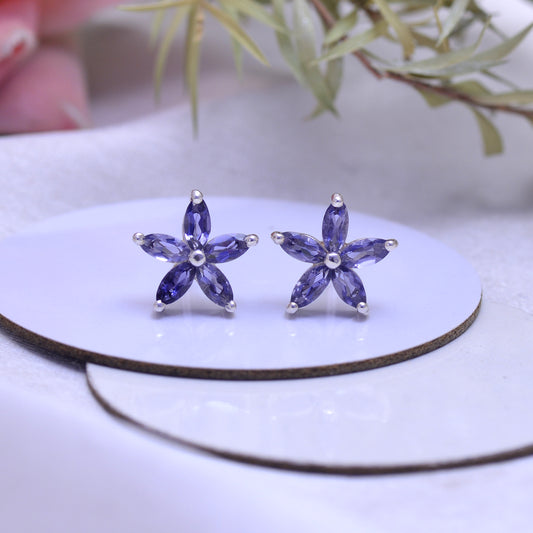 925 Sterling Silver Natural Iolite Flower Stud Earring