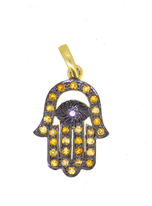 925 Sterling Silver  Natural Citrine & Black Onyx Hamsa Pendant