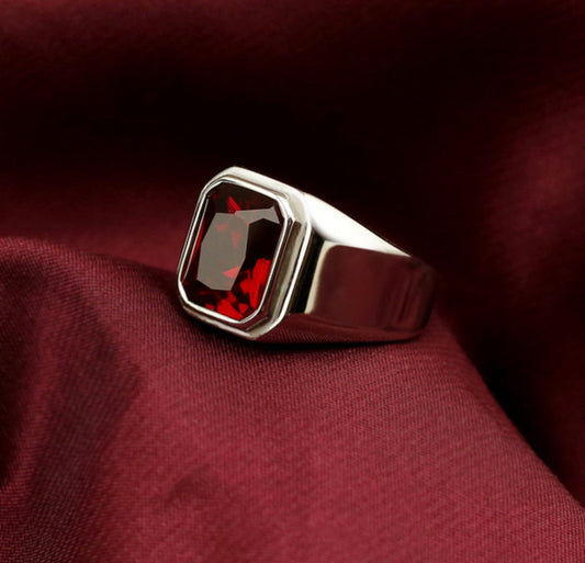 Garnet Men Vintage Silver Statement Ring