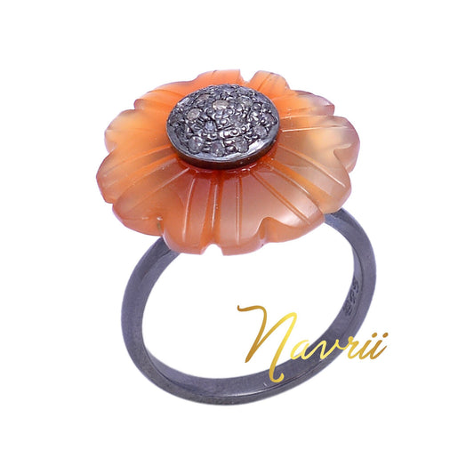 925 Sterling Silver Pave Diamond Natural Orange Floral Ring