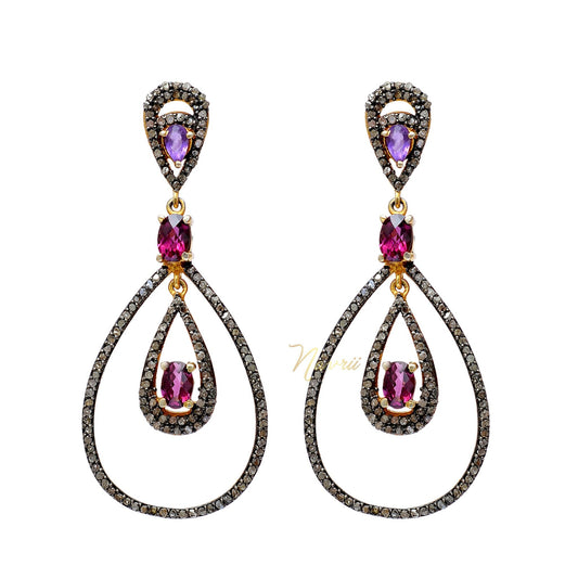 925 Sterling Silver Statement Cubic Zirconia , Labmade Amethyst, Labmade RhodoliteDangle Drop Long Earrings