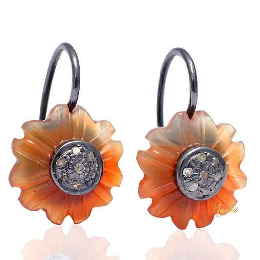 925 Sterling Silver Pave Diamond Natural Orange Onyx Floral Earrings, Orange Onyx Earrings, Carved Gemstone Floral Earrings, Flower Earrings