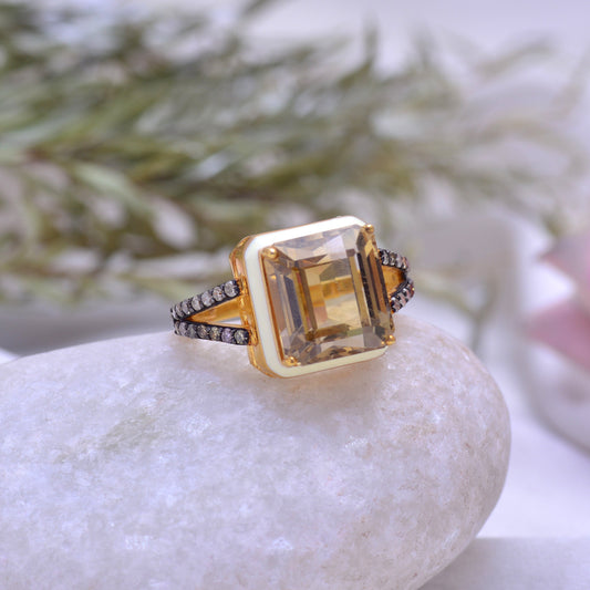 925 Sterling Silver Pave Diamond Natural Citrine Gemstone Ring