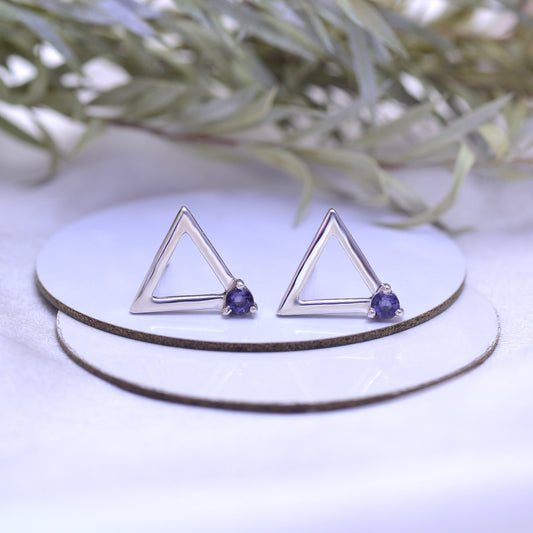 925 Sterling Silver Natural Blue Iolite Triangle Stud Earrings, Tiny Geometric Stud, Gemstone Earrings, Minimalist earrings Gift For Her