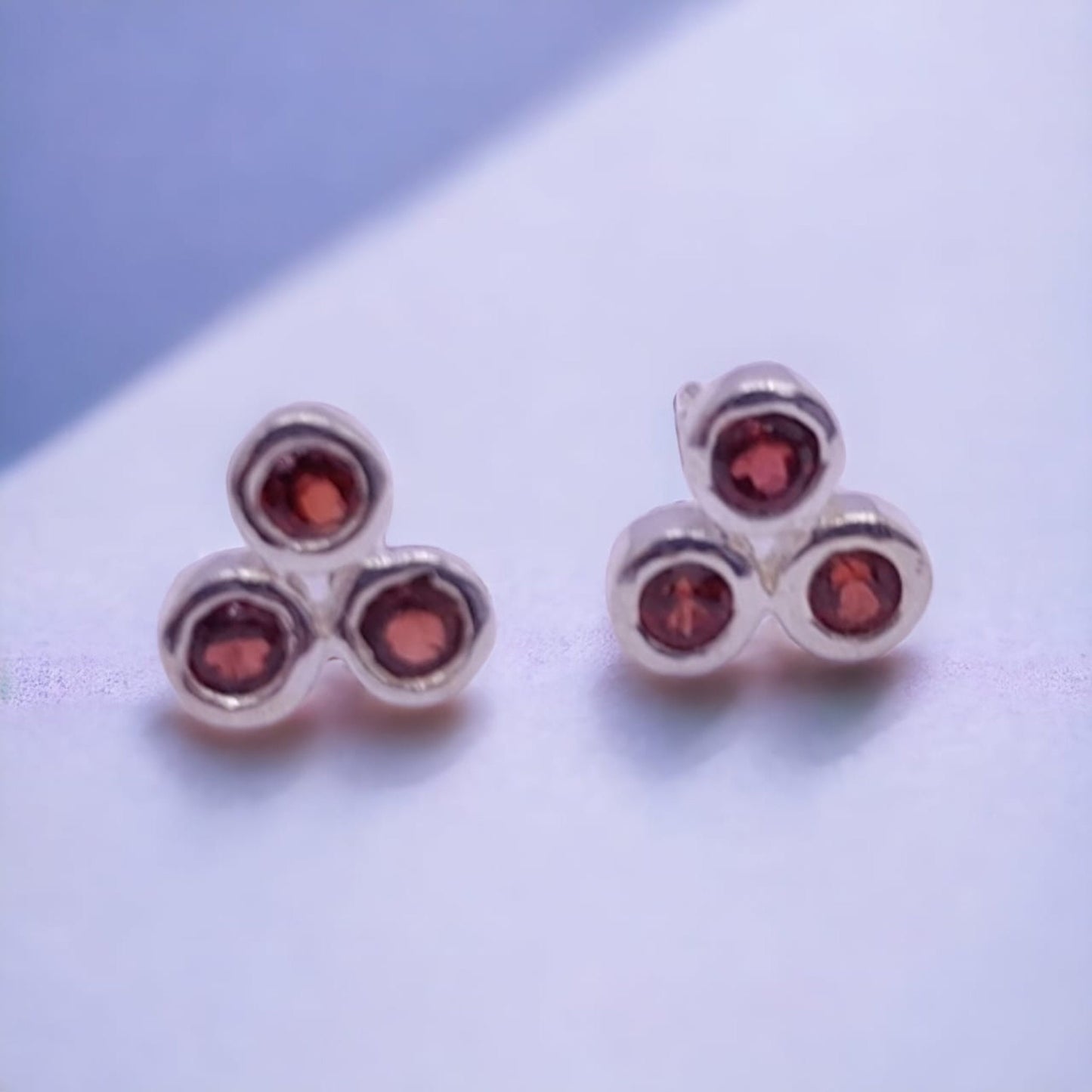 925 Sterling Silver Natural Garnet Three Stone Stud Earrings