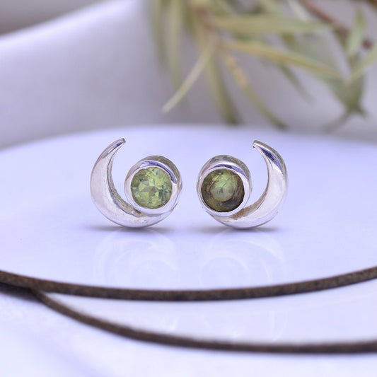 Cresent Moon with Natural Peridot Stud Earrings in Sterling Silver, Moon Earrings, Moon Stud, Celestial Moon Earrings, Gift For her Jewelry