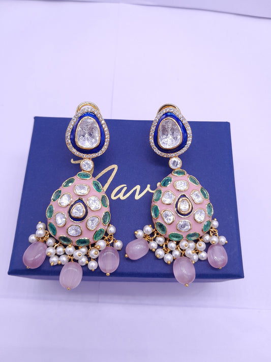 Silver Moissanite Polki Enamel Earring, Moissanite Kundan Earring, Bridal Jewelry, Traditional Jewelry, Sterling Silver Earring Gift For Her