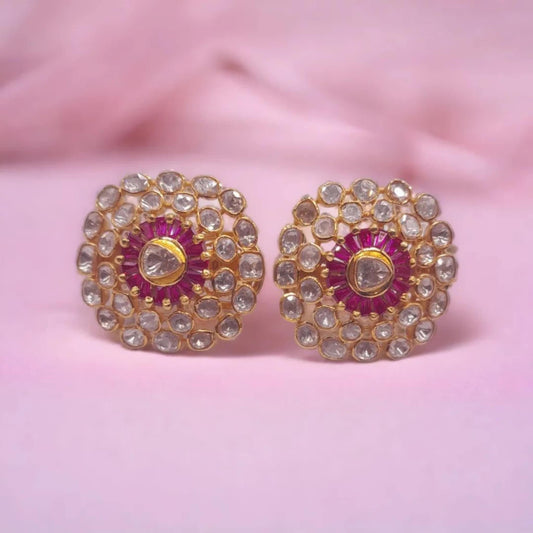 Moissanite Polki labmade Ruby Earring Silver Indian Polki Earrings Diamond Vintage Handmade Jewelry Wedding Anniversary Gift For Her