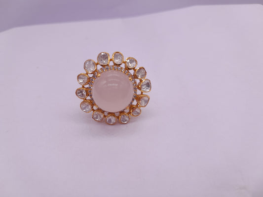 Silver Moissanite Polki Labmade Pink Opal Stone Ring, Indian Wedding Jewelery, Pink Opal Polki Ring, Statement Ring, Bridal Jewellery, Ring