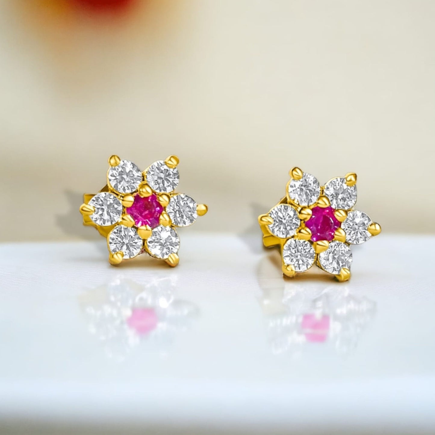 Natural Moissanite Flower Stud Earrings, Labmade Ruby Flower Stud, 925 Silver, Tiny Charm Floral Earring, Dainty Flower Stud Gift For Her