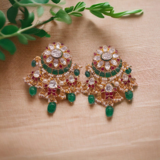 Silver Moissanite Polki Chandbali Earring, Emerald Earring, Kundan Chandbali, Bridal Chandbali Earring, Traditional Jewellery, Chandbali