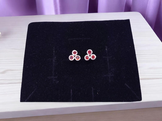 925 Sterling Silver Natural Garnet Three Stone Stud Earrings