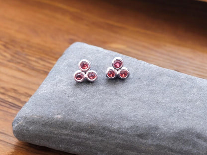 925 Sterling Silver Natural Garnet Three Stone Stud Earrings