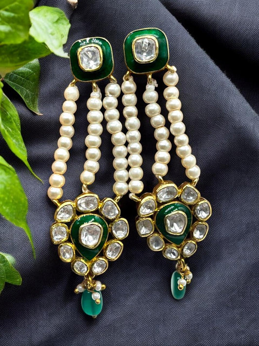 Silver Moissanite Polki Earring, Labmade Emerald Earring, Enamel Polki Earring, Kundan Chandbali  Earring, Traditional Jewellery, Chandbali